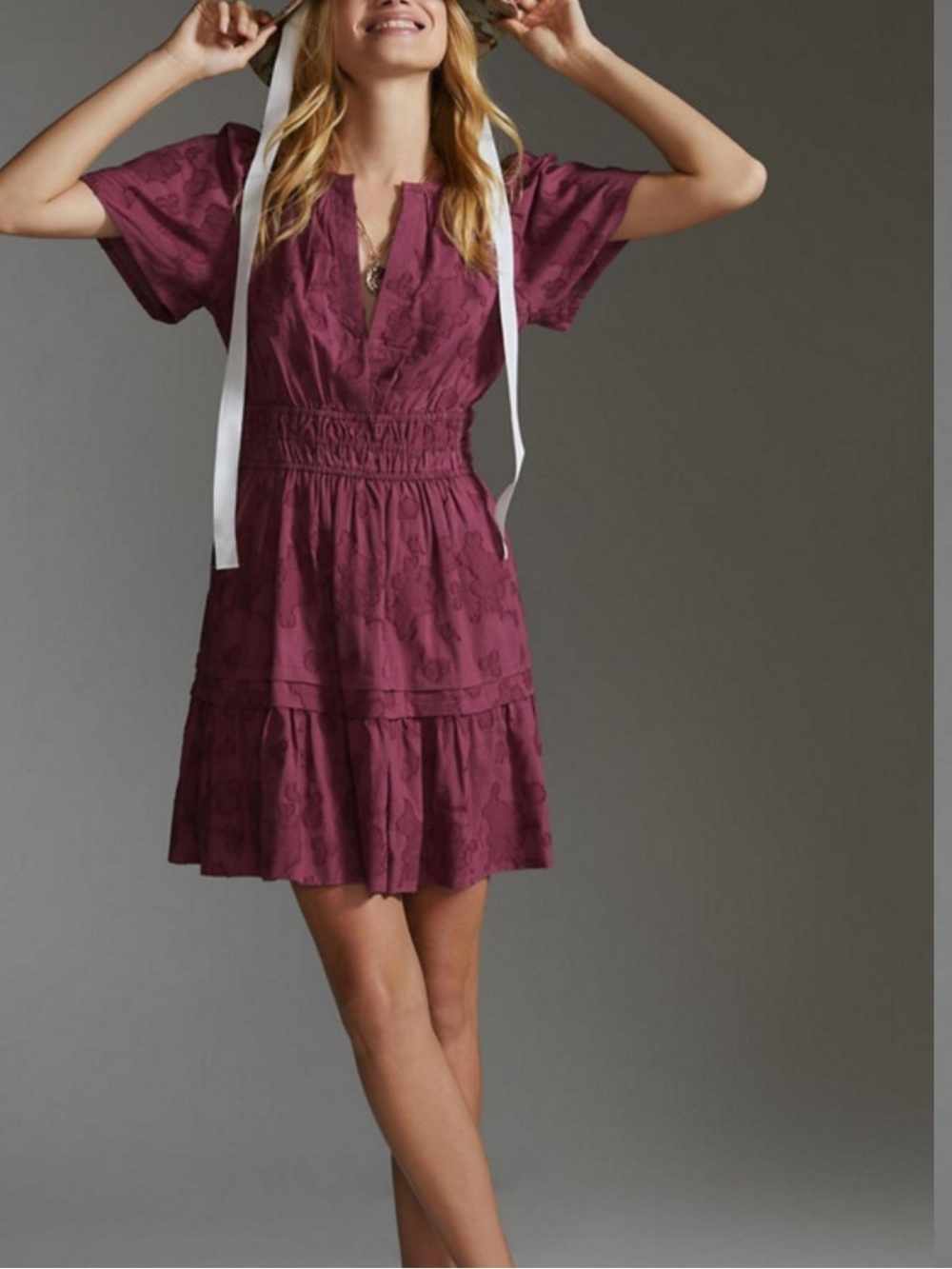 Anthropologie Somerset Short Sleeve Smocked Waist Textured Tiered Mini Dress